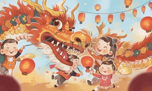 龙年春节舞龙喜庆新年插画图片千库网