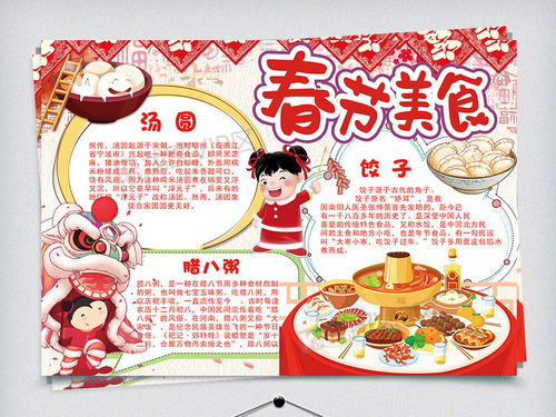 红色插画风格可爱小女孩春节美食小报图片素材psd分层格式下载春节元旦手抄报大全